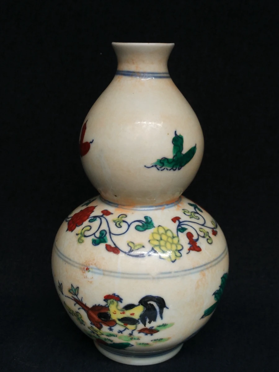 

1919 H 7.2" Chinese old hand Painting Chicken Flowers Porcelain Gourd Vase Decoration
