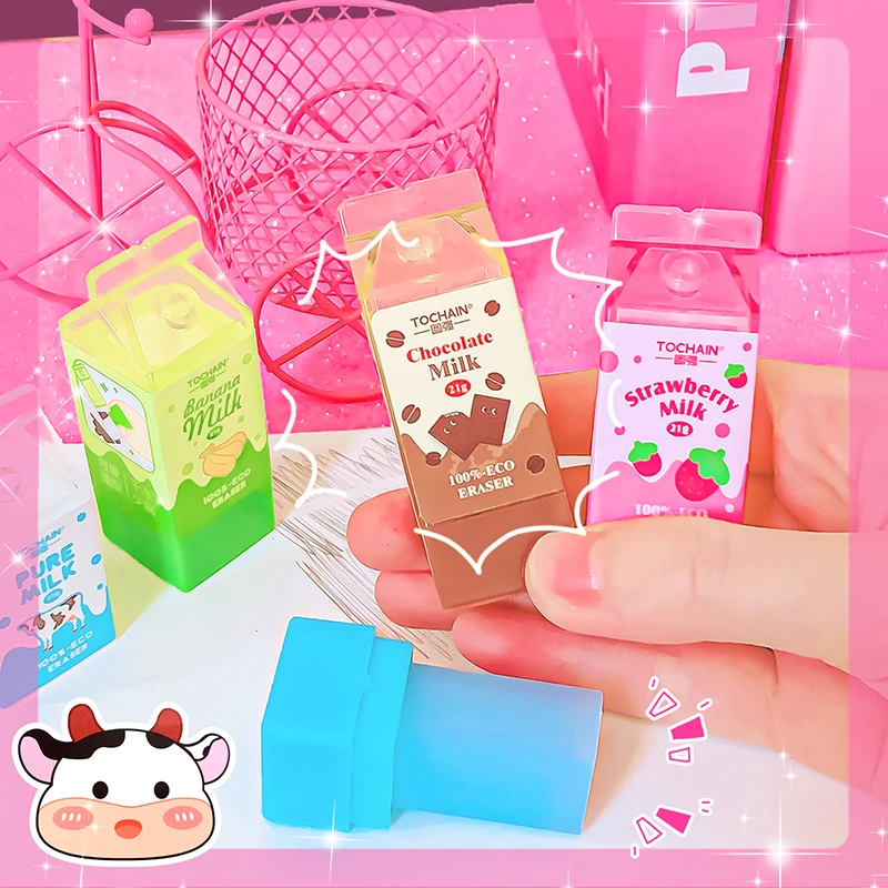 Kawaii Stationery Items Milk Carton Rubber Erasers School Teacher Gift Office Supplies
