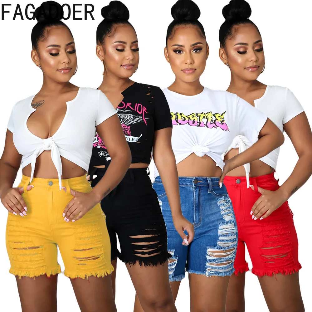 

FAGADOER Fashion Denim Hollow Out Skinny Shorts Women High Waist Button Pocket Elasticity Shorts Casual Female Matching Bottoms