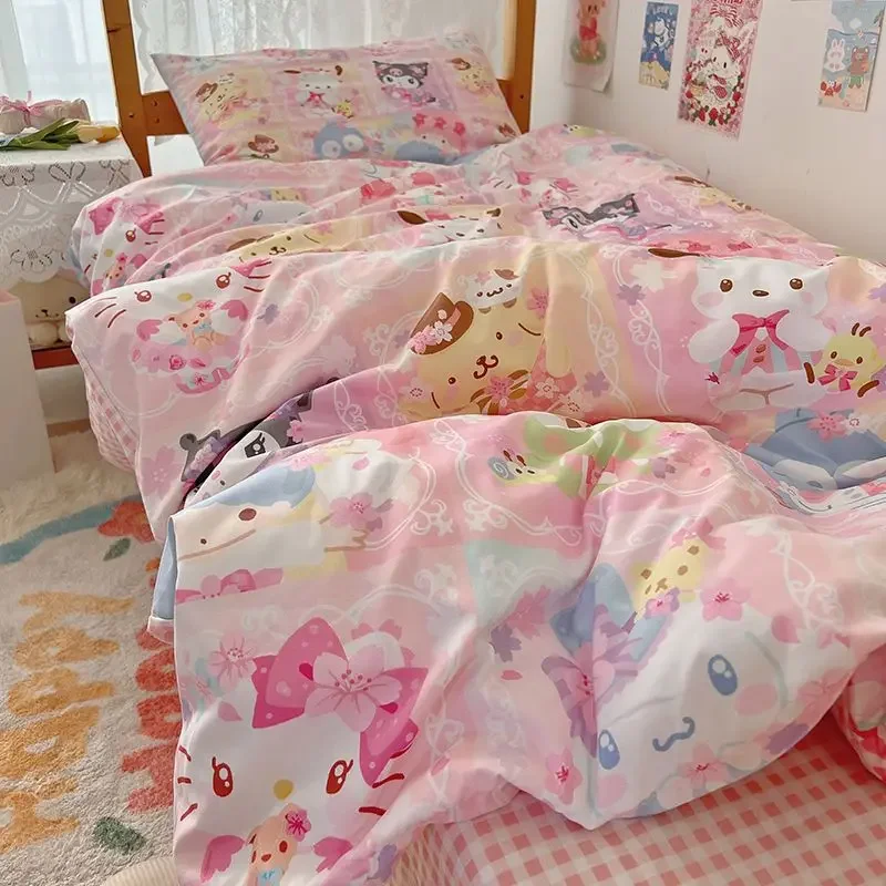 

Kawaii Sanrioed Anime Cartoon series Kuromi Cinnamoroll student bed three piece set, dormitory bed sheets, bedding, daily