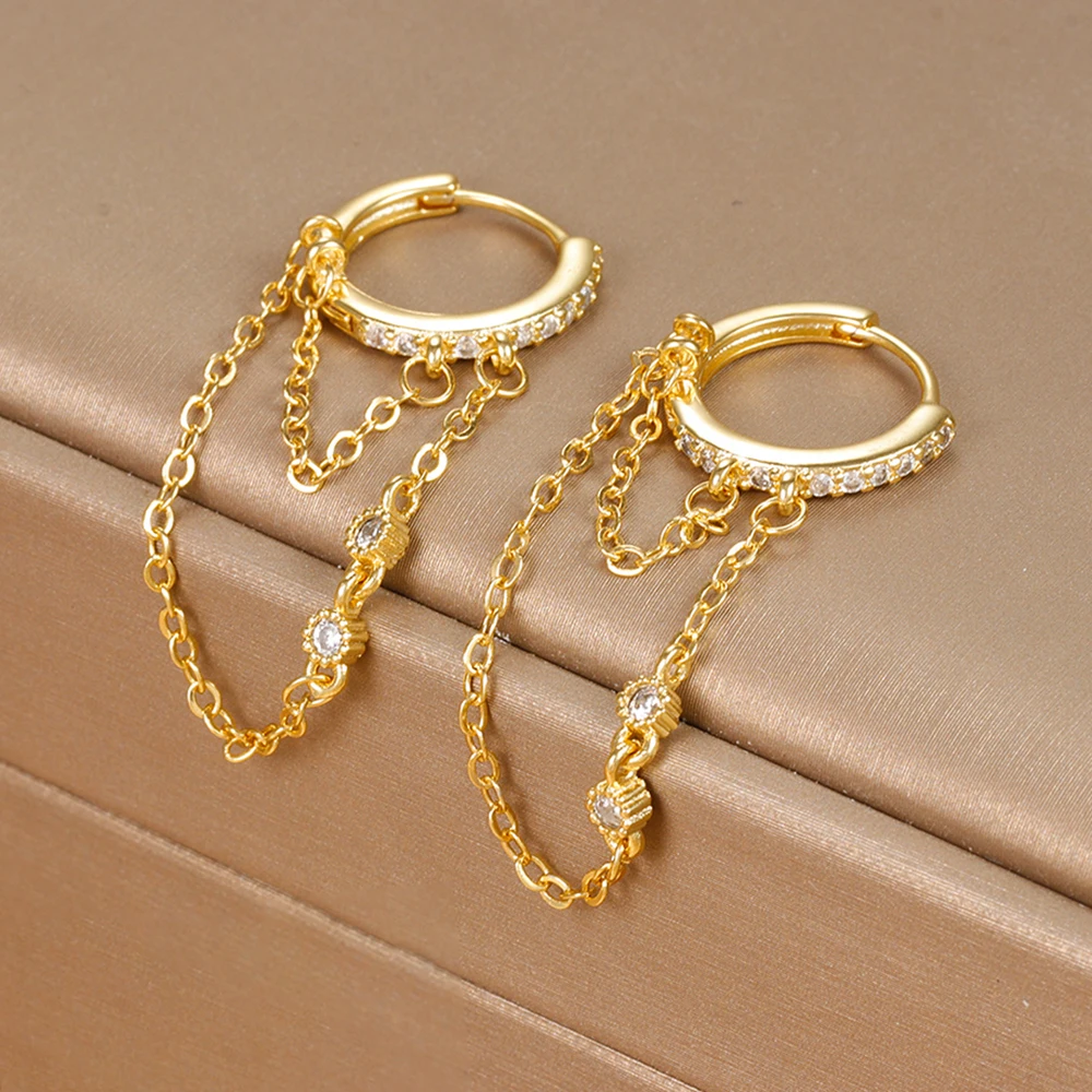 Double Chains Long Tassel Drop Earrings for Women Korean Stainless Steel Zircon Hanging Earring Piercing Jewelry