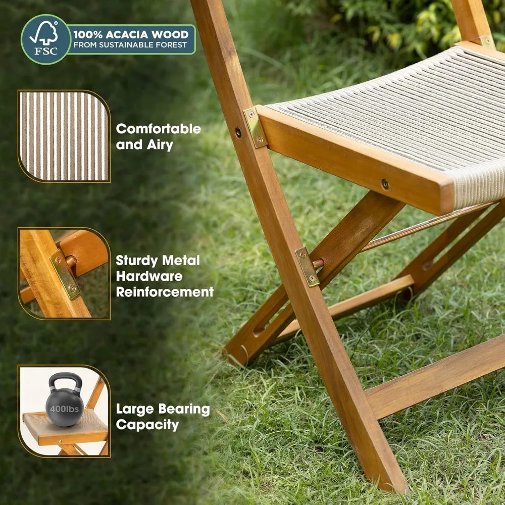 Wood Rope Design Heavy Duty 400lbs Capacity Patio Bistro Set 3 Piece Outdoor, Folding Chairs with Elegant