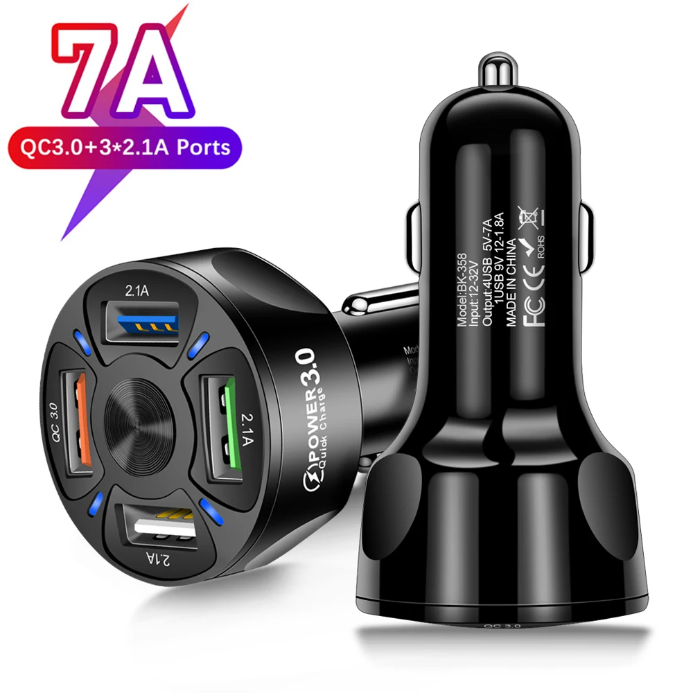 

4 Ports USB Car Charger 7A 35W Fast Charge QC 3.0 For iphone 14 13 12 Xiaomi POCO F3 Mobile Cell Phone Adapter Cigarette Lighter