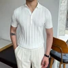 2024 Spring Summer Knit Polo Shirt Men Casual Turn-down Collar Button-up Fashion Striped Solid Slim Tops Ice Silk Fabric T-shirt 1