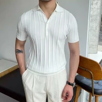 2024 Spring Summer Knit Polo Shirt Men Casual Turn-down Collar Button-up Fashion Striped Solid Slim Tops Ice Silk Fabric T-shirt 1