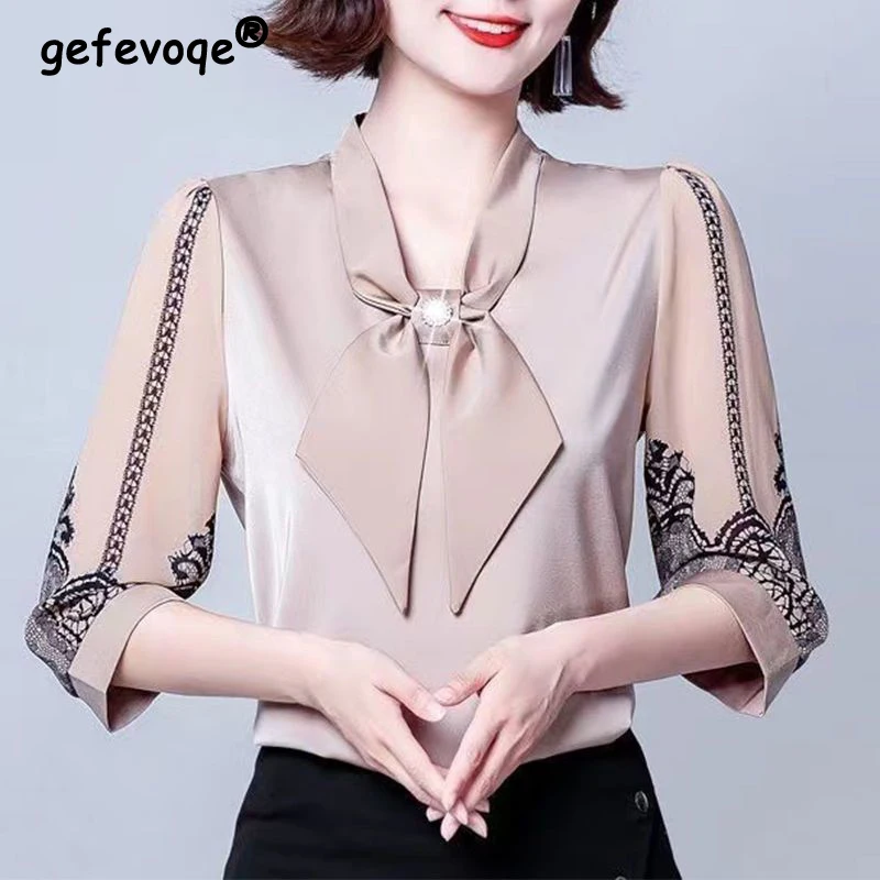 

Women Clothes Korean Bow Print Elegant Chic Blouse 2023 Spring Summer Fashion 3/4 Sleeve Loose Business Casual Office Lady Shirt