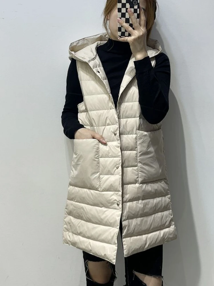 

2023 Autumn and Winter New Women's Vest Single Breasted Sleeveless Hooded Down Cotton Mid-length Coat Solid Color Top T187