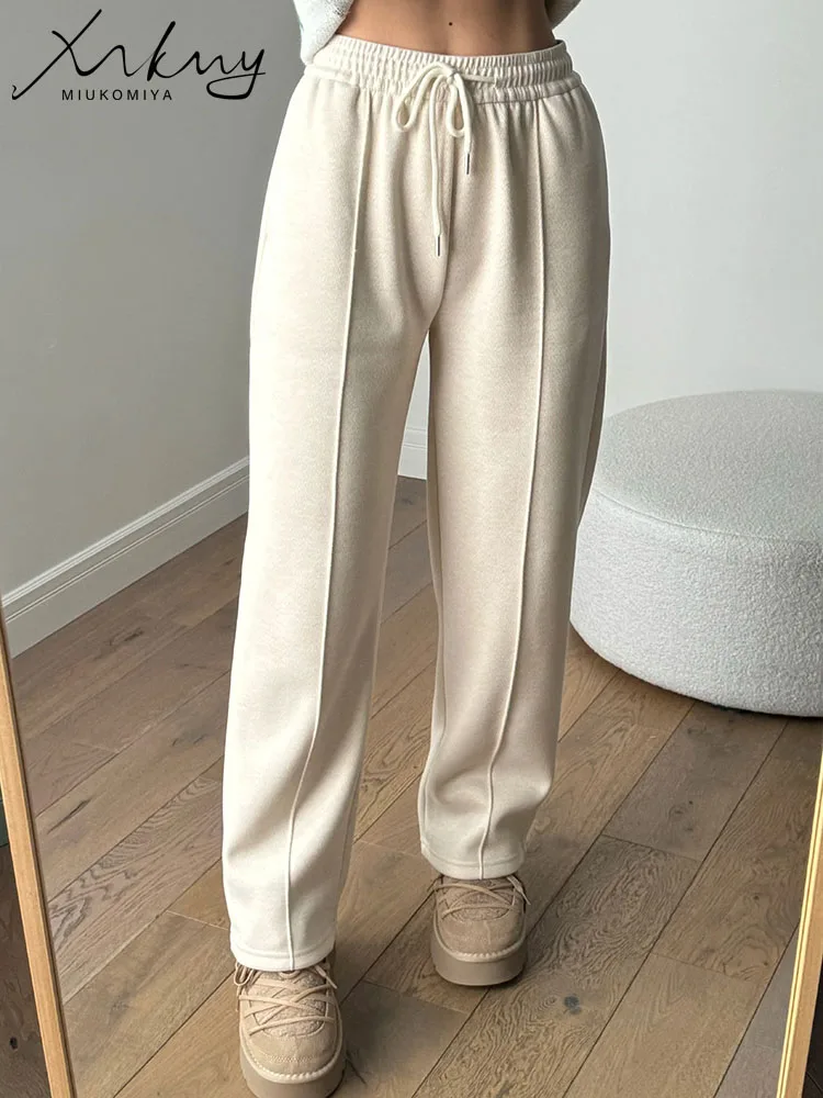 MiuKoMiYa Spring Gray Woolen Pants Women Wide Leg Straight Long Trousers Office Lady High Waist Women Beige Formal Pants Loose 5