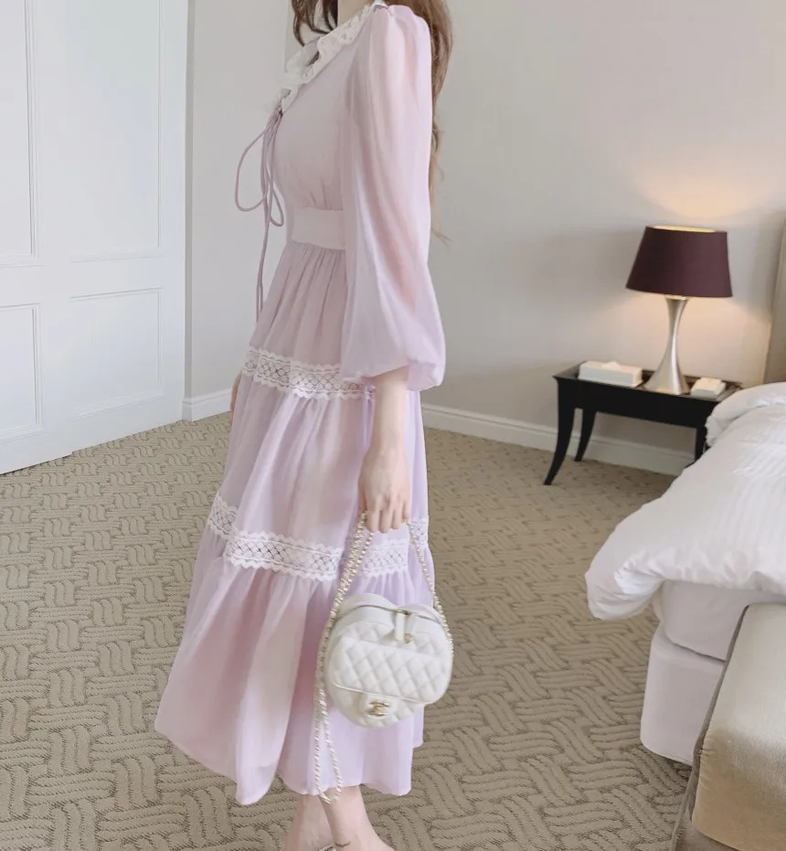 French Vintage Fairy Midi Dresses for Women Lantern Sleeve High Waist V-neck A-line Princess Party Dress Casual Female Vestidos