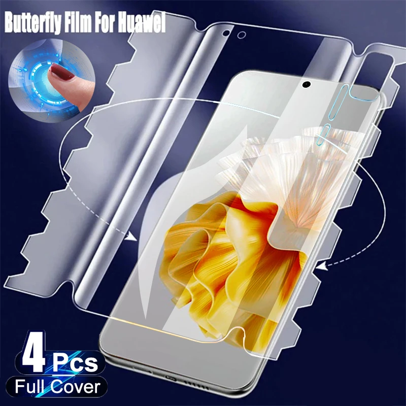 4PCS 360° Full Cover Butterfly Film For Huawei P60 Pro Screen Protector Hydrogel Film For Huawei P30 P40 P50 Pro Plus Clear Film