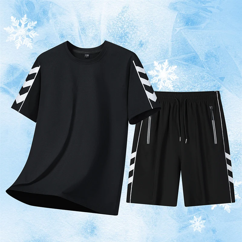 Summer Men's Lightweight Breathable Moisture Wicking Sportswear Outdoor Running Fitness Short Sleeved Shorts Ice Silk Set