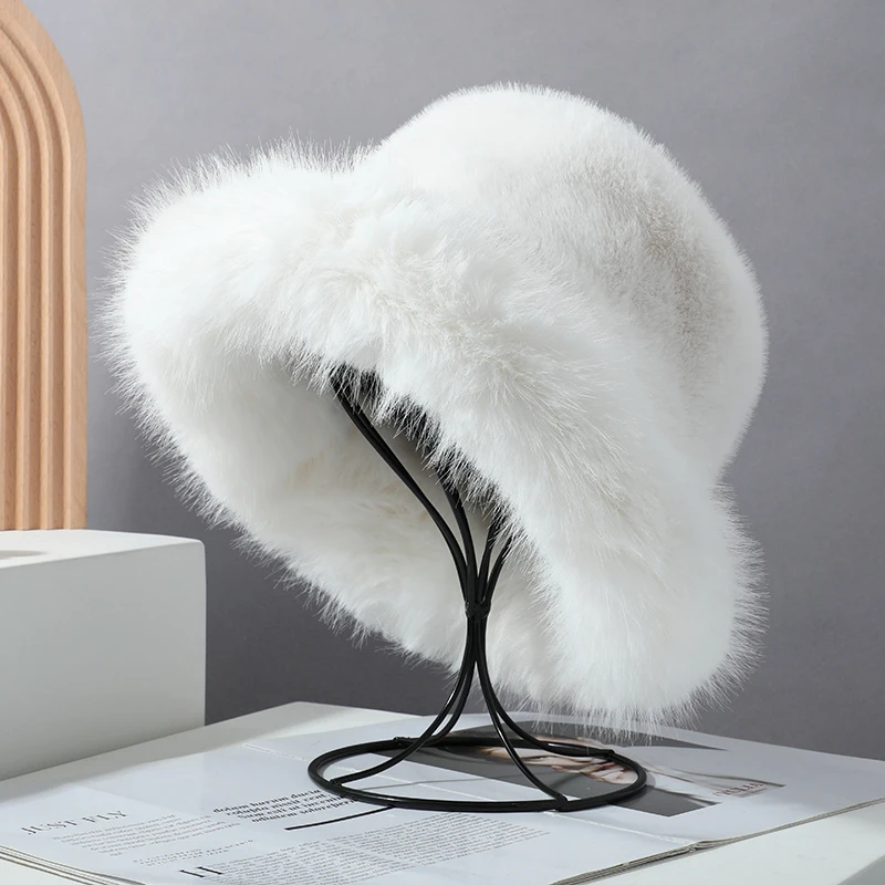 

2023 Big Faux Fur Fluffy Bucket Hat for Women Luxury Plush Winter Hat Thicken Snow Oversized Fur Bucket Hat Soft Big Panama Cap