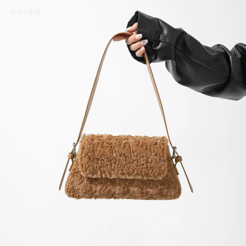 Women's Handheld Shoulder Bag Underarm Bag Soft Plush Texture Solid Color New Korean Edition Simple and Casual Fashion