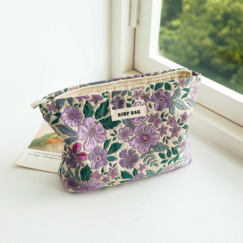 Purple jacquard women's makeup bag, portable large-capacity