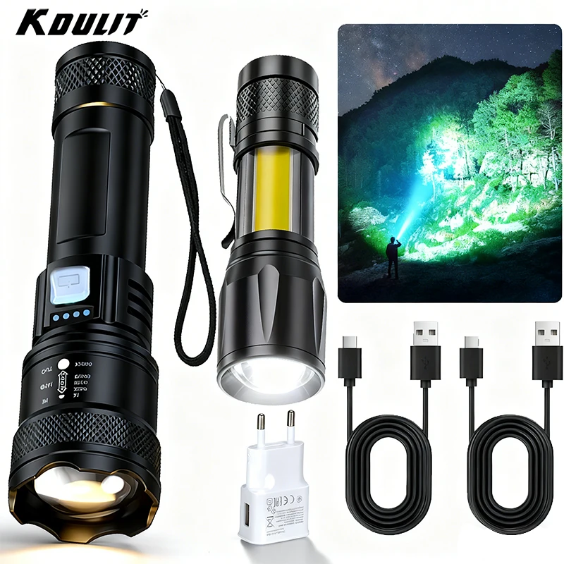 Lampe de poche LED puissante, affichage de la batterie, Rechargeable par USB, Zoom télescopique, lampe torche, Camping en plein air, lanterne de pêche
