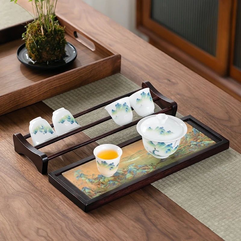2pcs Kung Fu Tea Tray Set Bamboo Tea Cup Holder Dual Purpose Suction Cup Holder Drainer Accessories Storage
