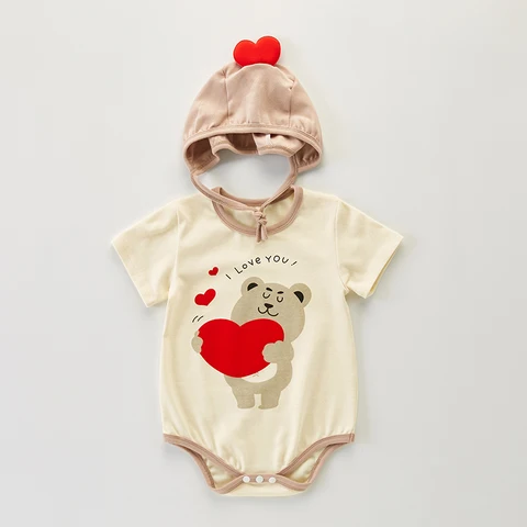 Summer Baby Bodysuits Short Sleeve Boys One Piece Animal Print Toddler Girls Clothes with Hat