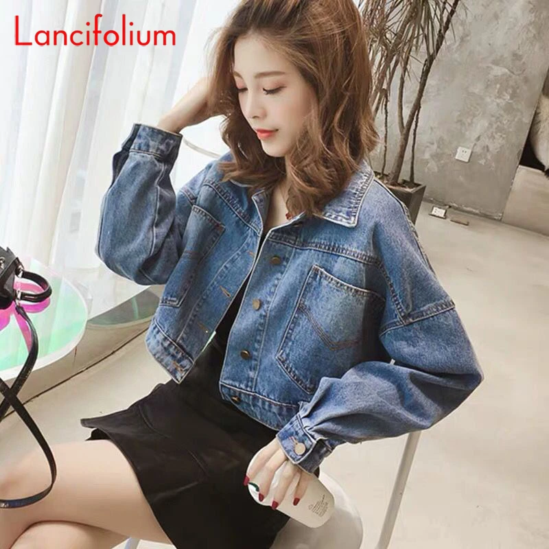 Cropped Denim Jacket Out Wear Korean Sweet Baggy Button Big Pocket