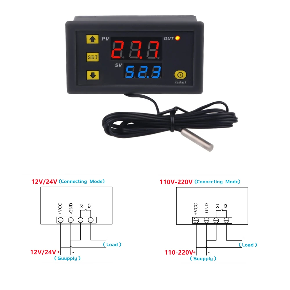 W3230 12V 24V AC110-220V Controllo Digitale della Temperatura con Sonda 20A con Funzione di Riscaldamento/Raffreddamento per Incubatrici di Uova