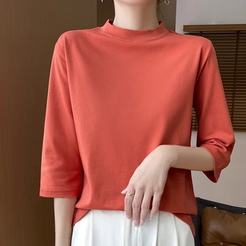 Summer And Autumn New 100% Cotton T-shirt Women's Semi-High-Necked Cropped Sleeves Loose Solid Color Bottoming Top 1