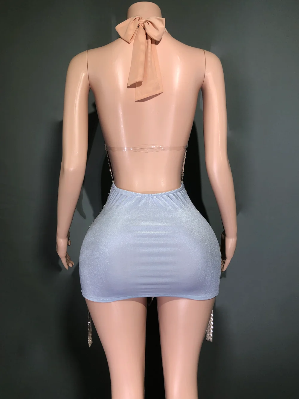 Rhinestones Dress Sparkly Evening Prom Birthday Sexy Halter Backless Mesh Velvet Short Performance Stage Wear