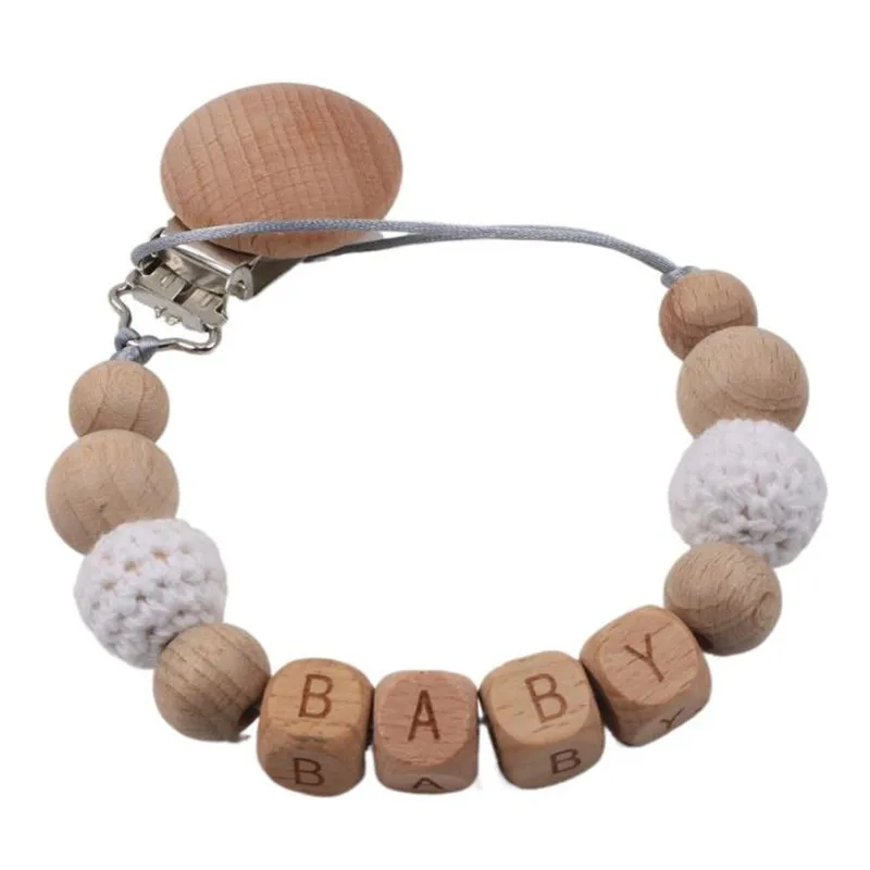 Handmade Personalized Name Wood Baby Pacifier Clip Crochet Beads Chain Holder