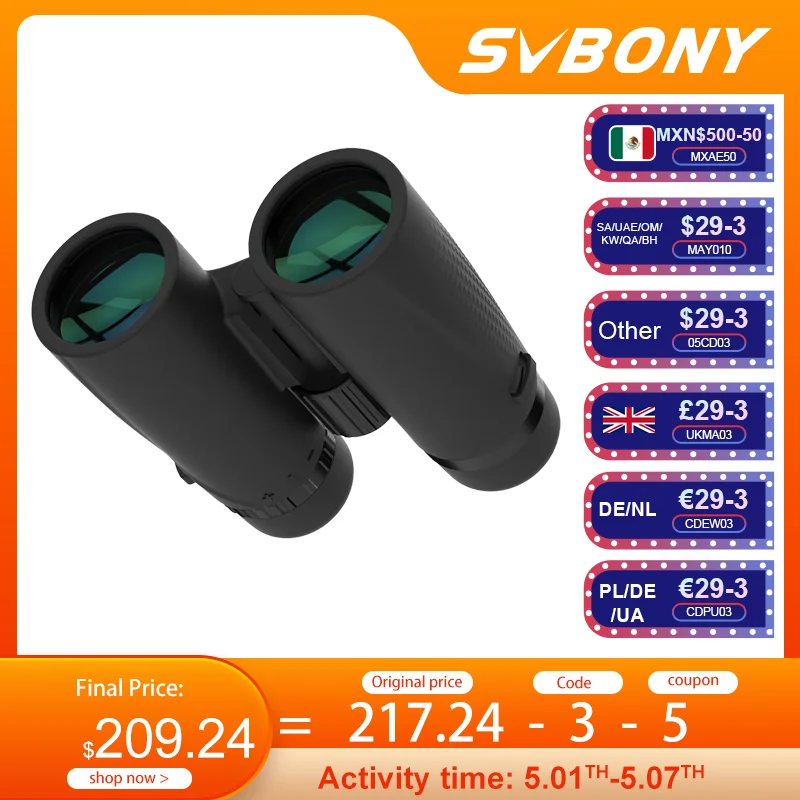 

SVBONY SA205 10X42 ED Flat-field Binoculars,IP67 Waterproof BAK4,Bird Watching,Stargazing,Camping,Travel,Astronomy