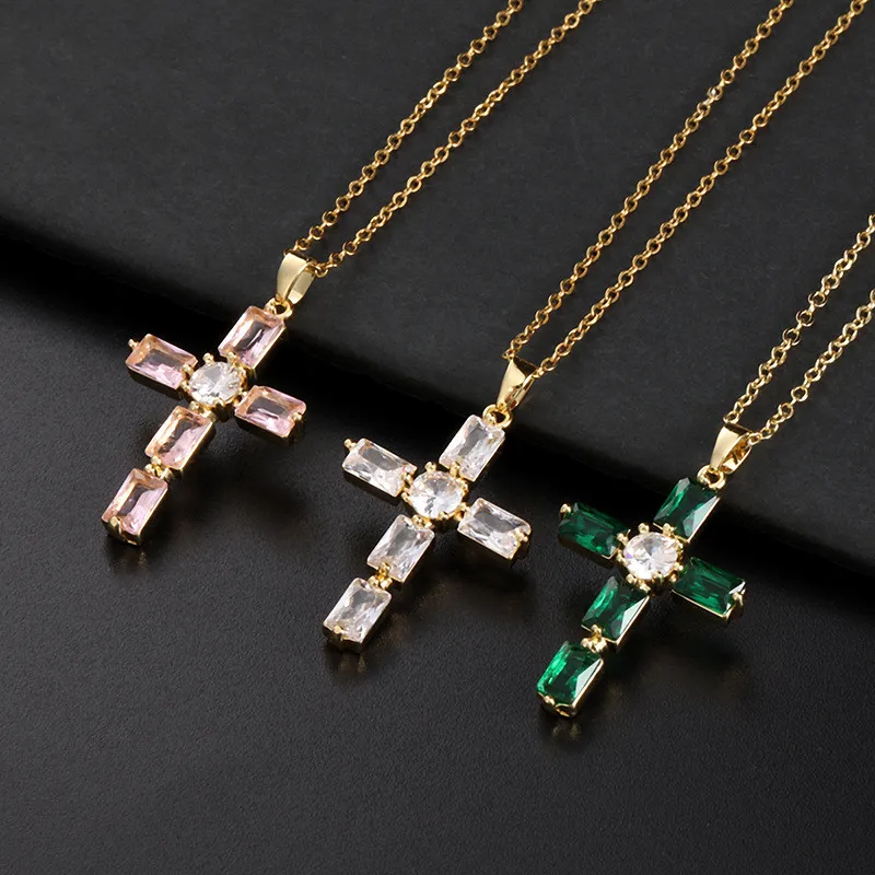 

Classic and Exquisite Gold Plated Colorful Rectangular Zircon Cross Pendant Women's Collar Chain Fashion Jewelry Religious Gift