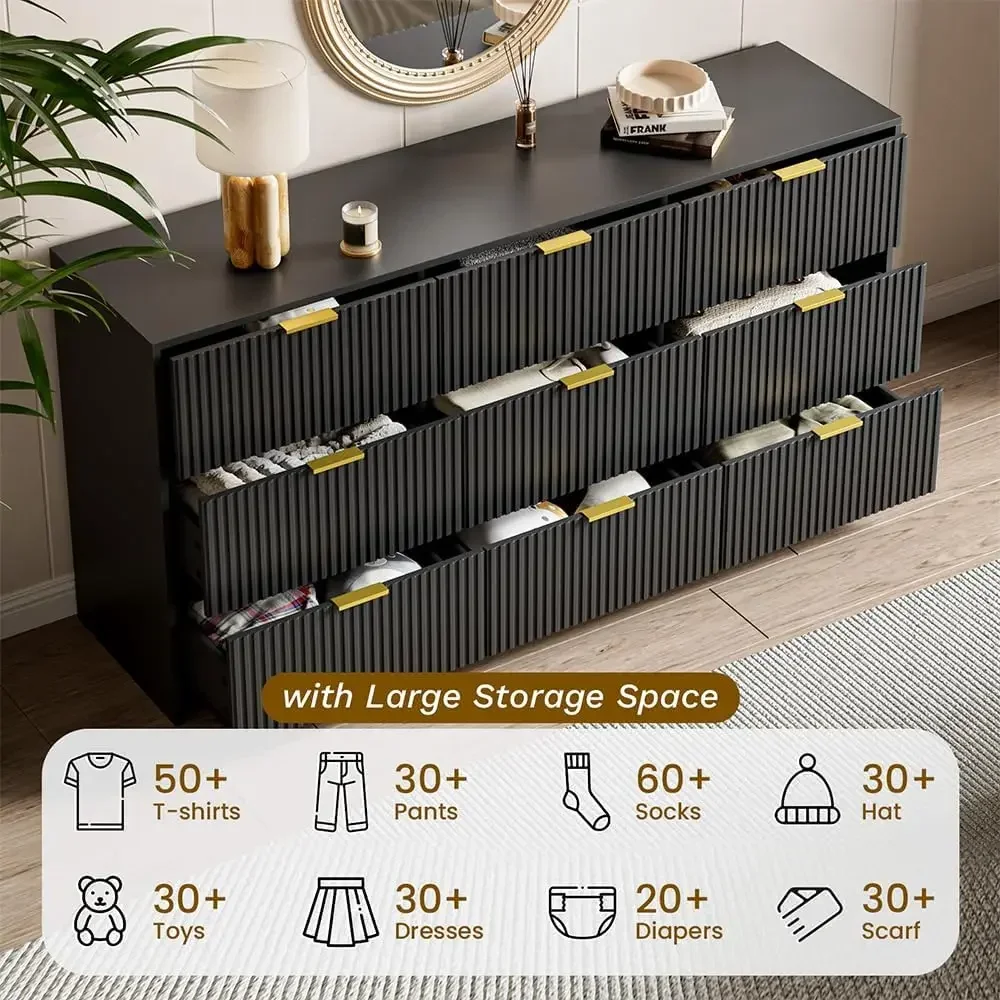 Black Dresser for Bedroom, 9 Drawer Double Dresser, Modern Chest of Drawers for Bedroom, Living Room, Entryway and Closet 3