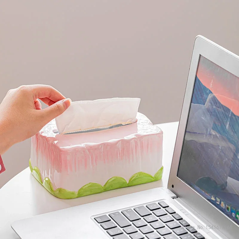 Creative Tulip Ceramic Tissue Box Cartoon Home Desk Work Desk Bedside Living Room Decoration High Aesthetic Value Paper Box, 1Pc