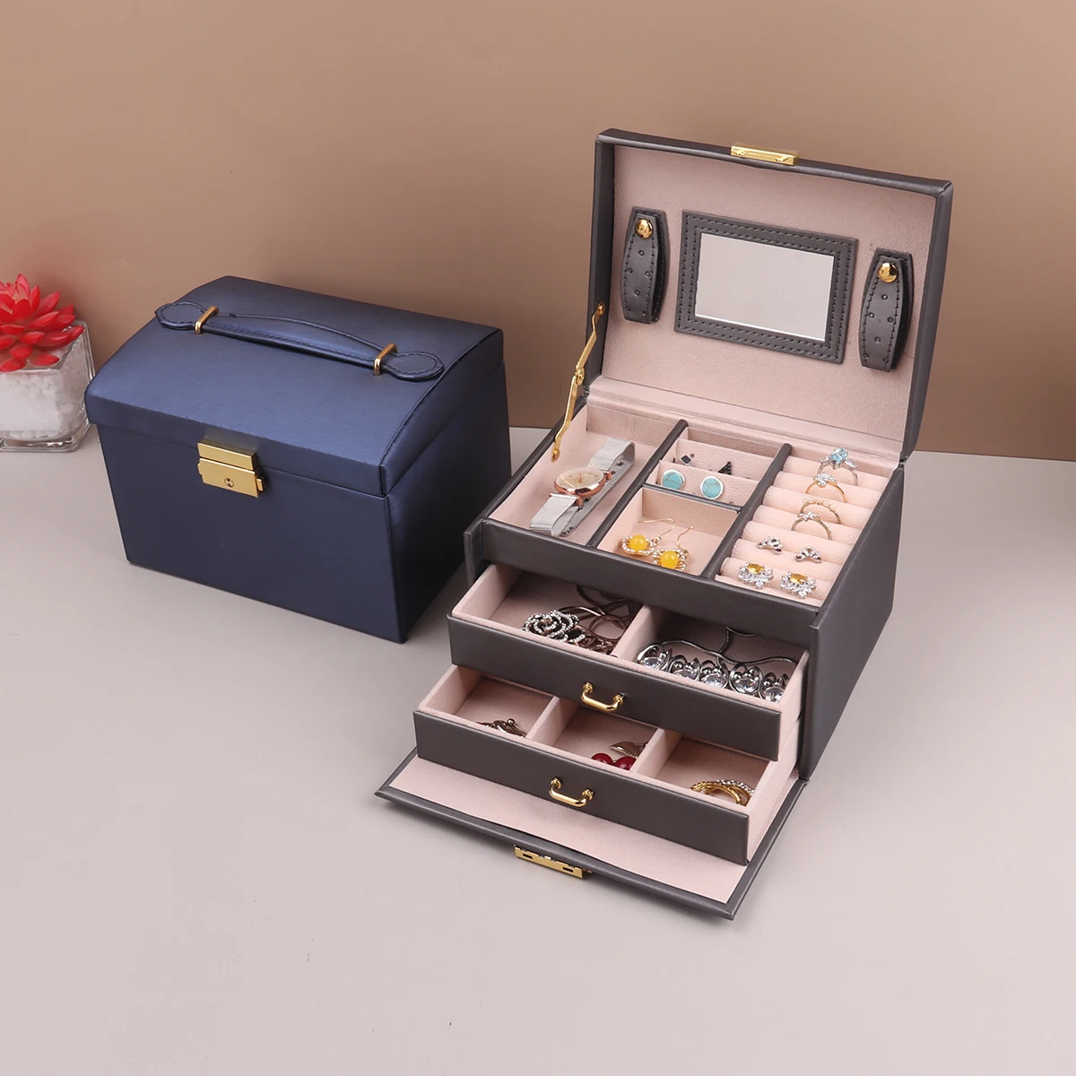 Three-layer Jewelry Box Jewelry Storage Box Hand With Lock Earrings Necklace Ring Storage Box Wooden Home Desktop Storage