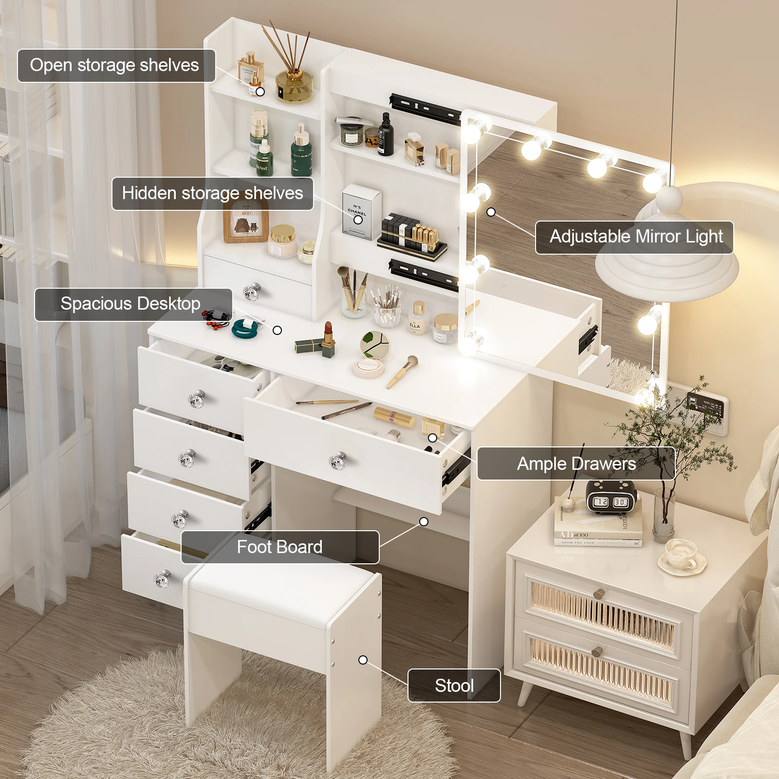 White Glam Vanity Set with LED Mirror 5 Drawers & Stool 3 Color Dimmable Small Space Easy Assembly Bedroom Makeup Desk