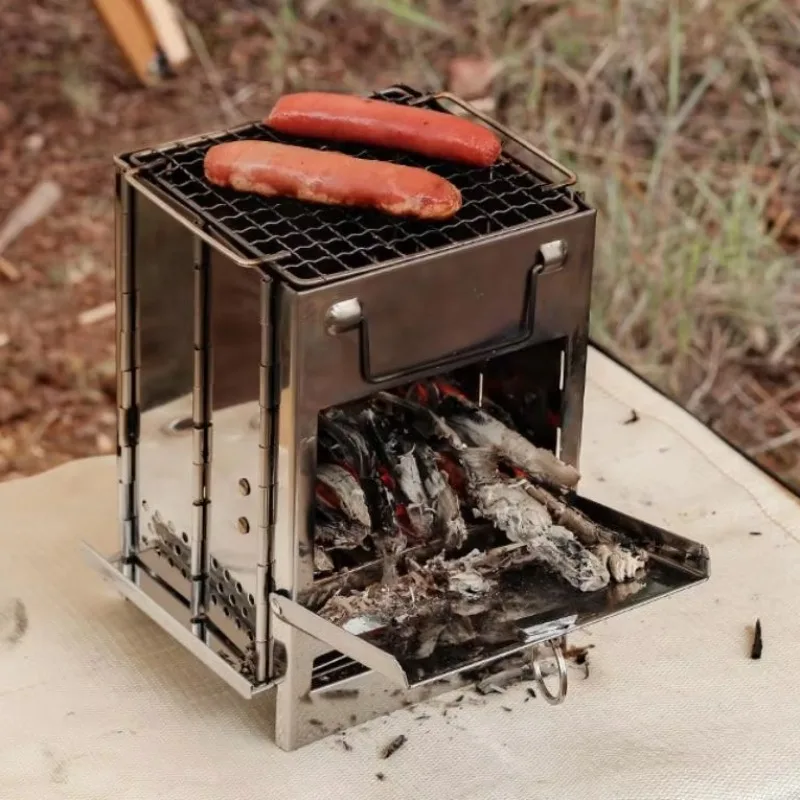 Portable Mini Square Barbecue Stove Foldable Stainless Steel Charcoal Wood Stove Outdoor Camping Barbecue Heating Stove