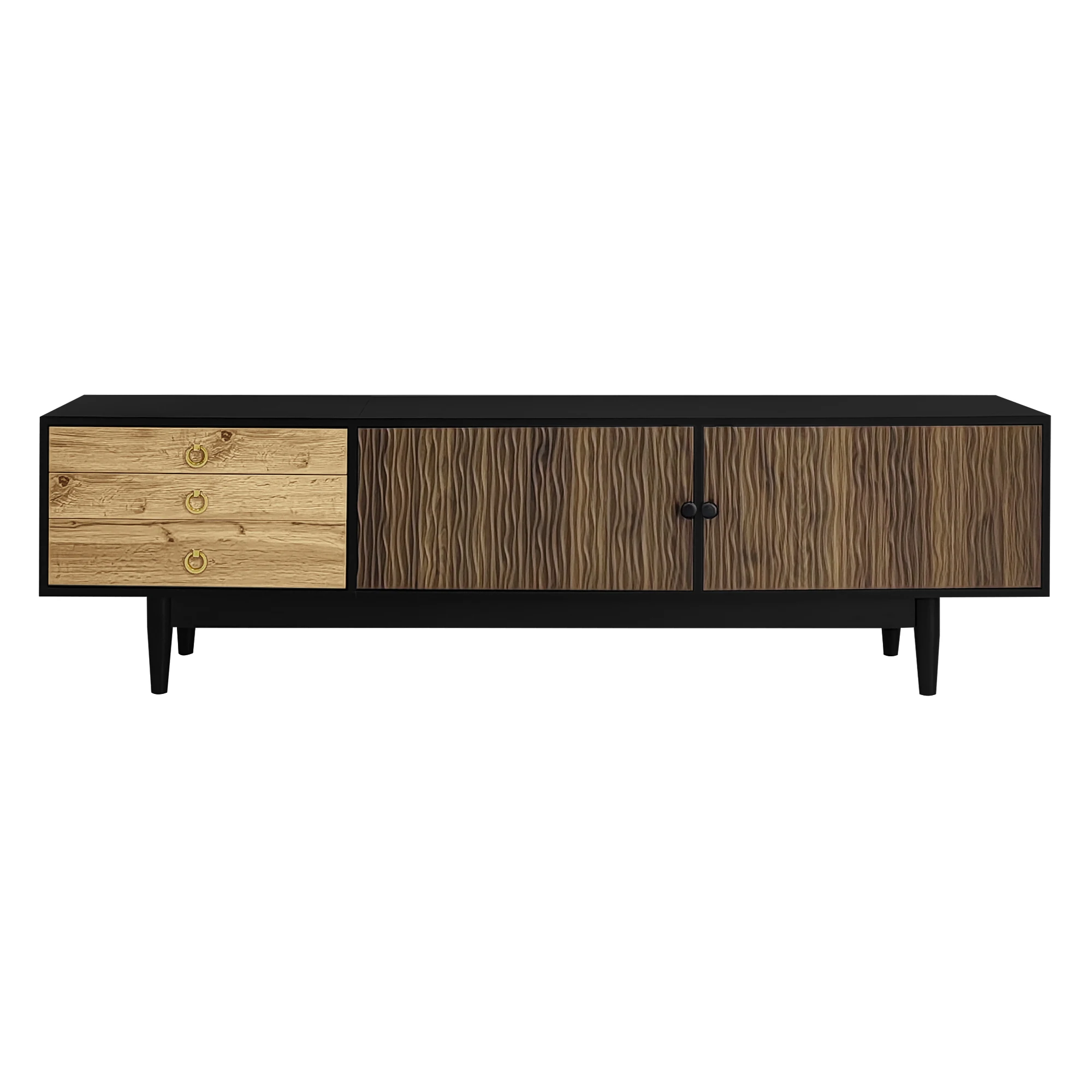 TV-Schrank, Lowboard mit Türpaneelen mit Wasserwellenmuster und drei Schubladen in einem Holz- und schwarzen Farbschema. – Detail 23