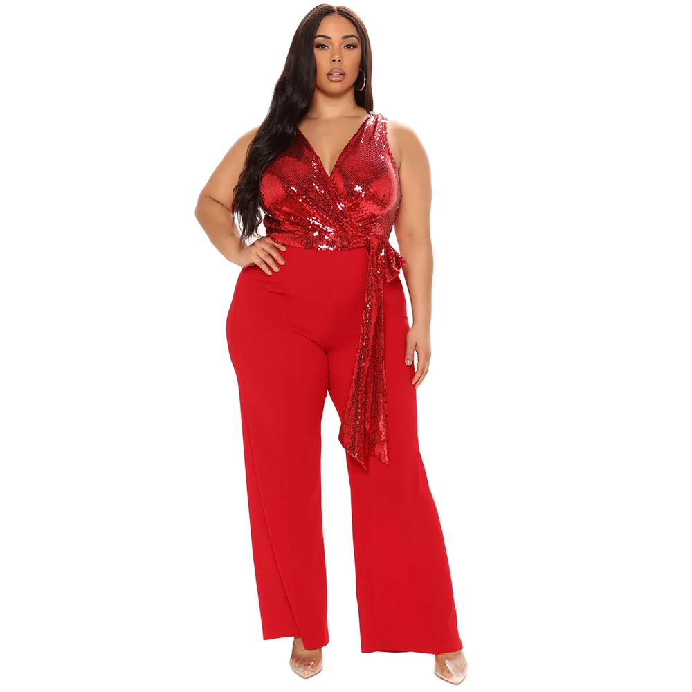 

Sequins Patchwork Loose Jumpsuit Women Sexy Deep V Neck Sleeveless Lace Up Club Party Overalls Wide Leg Pants One Piece Romper