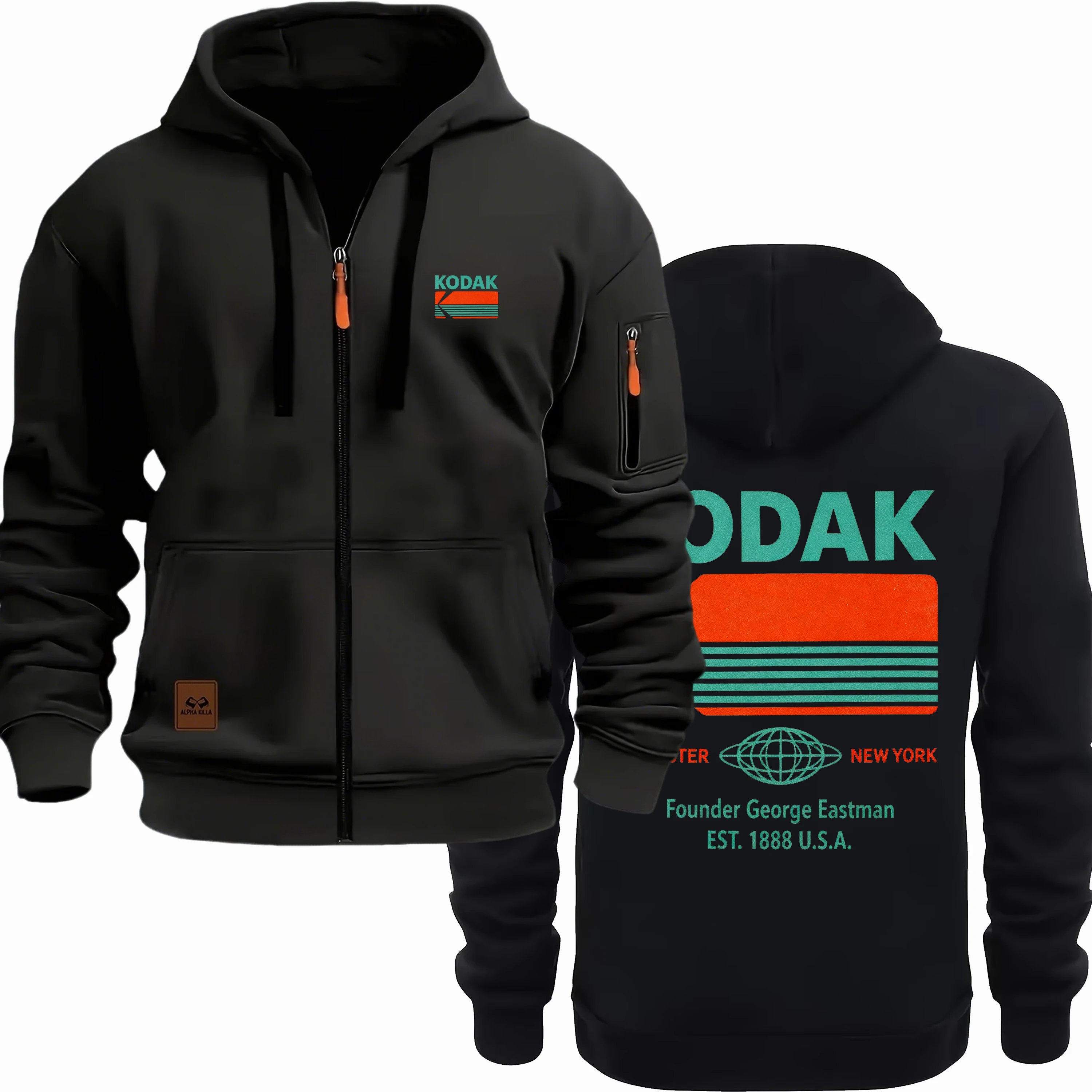 Kodak Retro Pattern Printed Men's Zipper Multi Pocket Hoodie Casual Long Sleeve Zipper Sportswear Retro Hoodie with Pocket