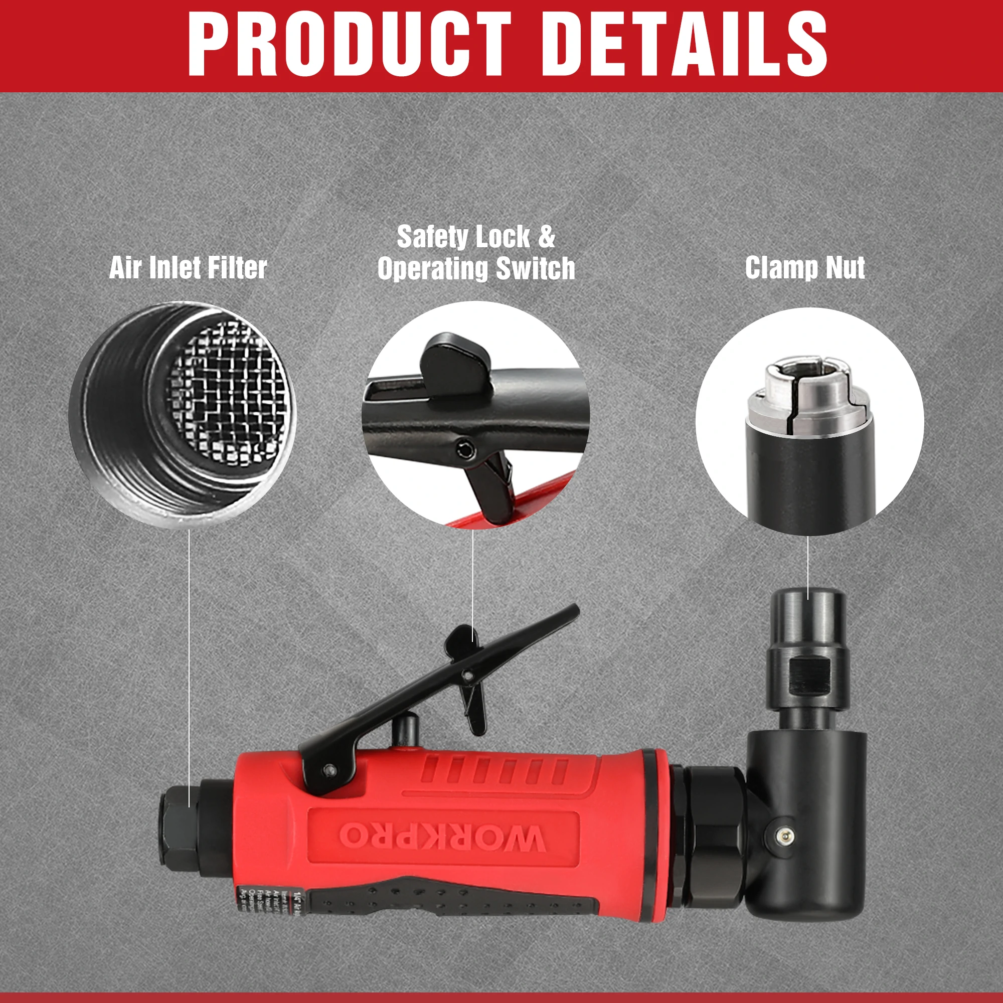 WORKPRO Air Angle Die Grinder 1/4'' Pneumatic Right Pneumatic Angle Grinder Air-Powered 90 Degree for Grinding Cutting Polishing 5