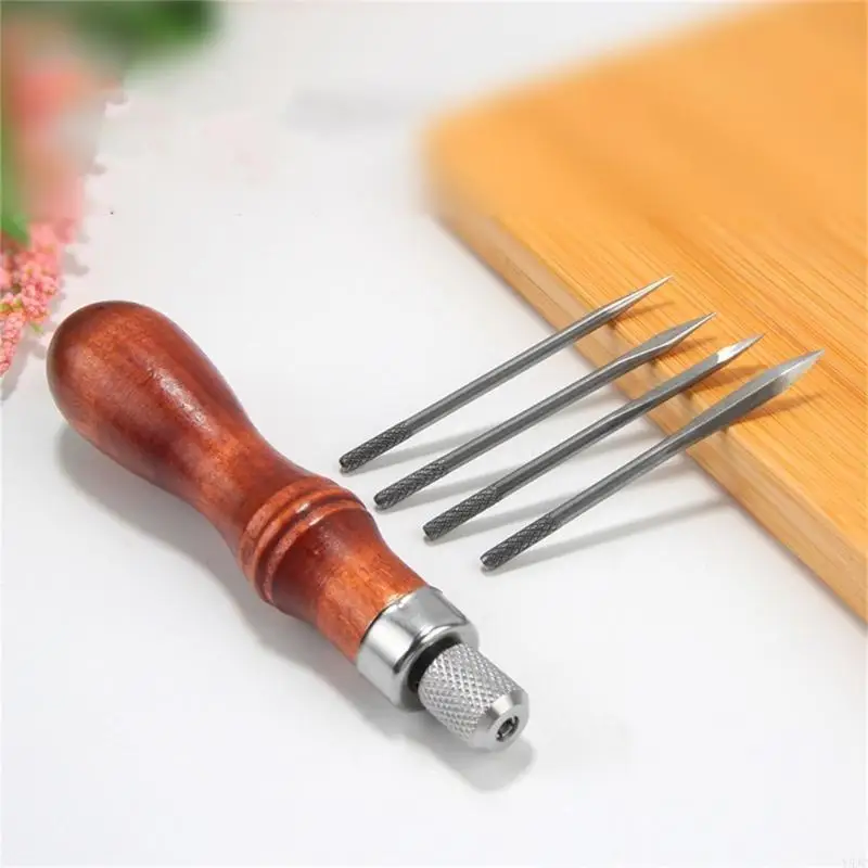 Y5JC 4 in 1 나무 손잡이 LeatherCraft 재봉 키트 다이아몬드 송곳 DIY 구멍 펀치 도구