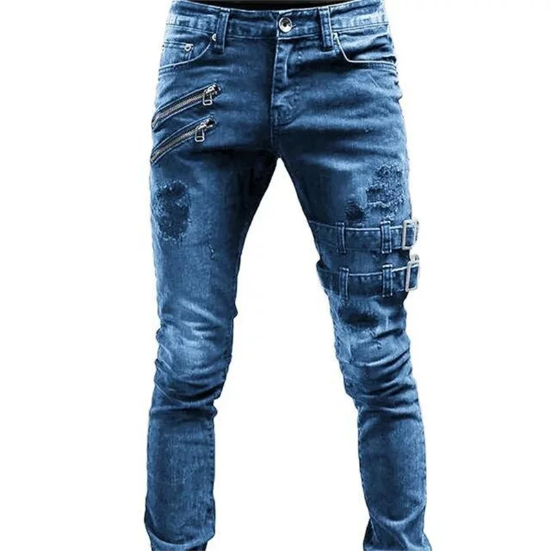 

Cool Biker Style Slim Fit Jeans Men Casual Stretch Cotton Zipper Splicing Pocket Pencil Pants Male Hip Hop Daily Denim Trousers