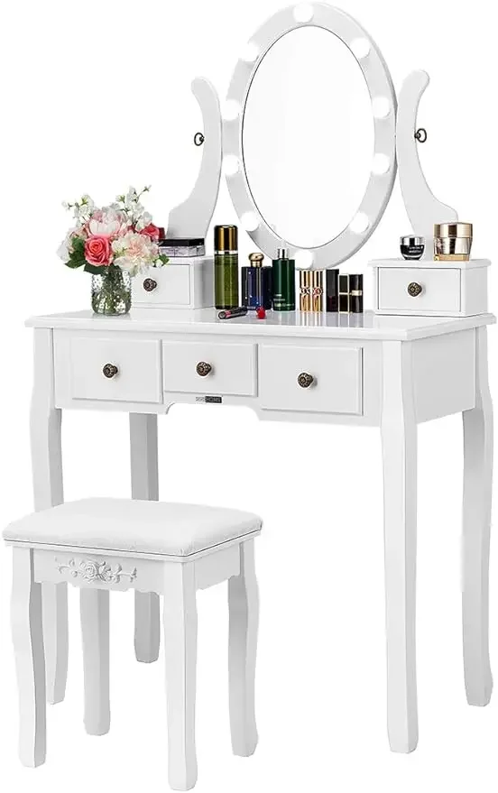 

Makeup Vanity Set with 10 Dimmable LED Bulbs, Dressing Table 360° Rotating Lighted Mirror and Cushioned Stool, White