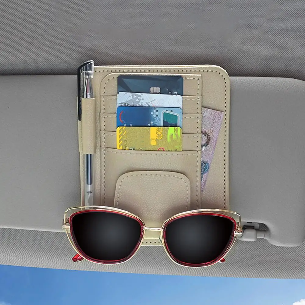 Car Sun Visor Organizer Multi-Pocket Leather Sunglasses Holder Storage Card Holder Card IC Glasses Clip Sunshade Bag