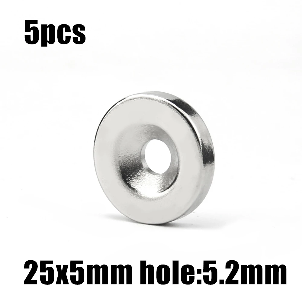 

5pcs 25x5mm Hole: 5.2mm super Strong Round Neodymium Countersunk Ring Magnets Rare Earth N35