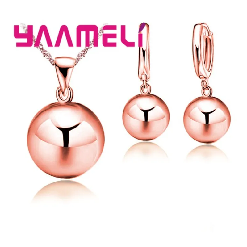 Jewelry Sets for Wedding Engagement 925 Silver Color 12MM Smooth Ball Round Metal Stone Necklaces Earrings Anniversary Gift - 5