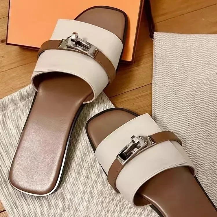 

Top Quality Women's Genuine Leather Flat Slippers, Fashionable Luxury Brand Designer Small Gold Buckle Women's Leather Sandals