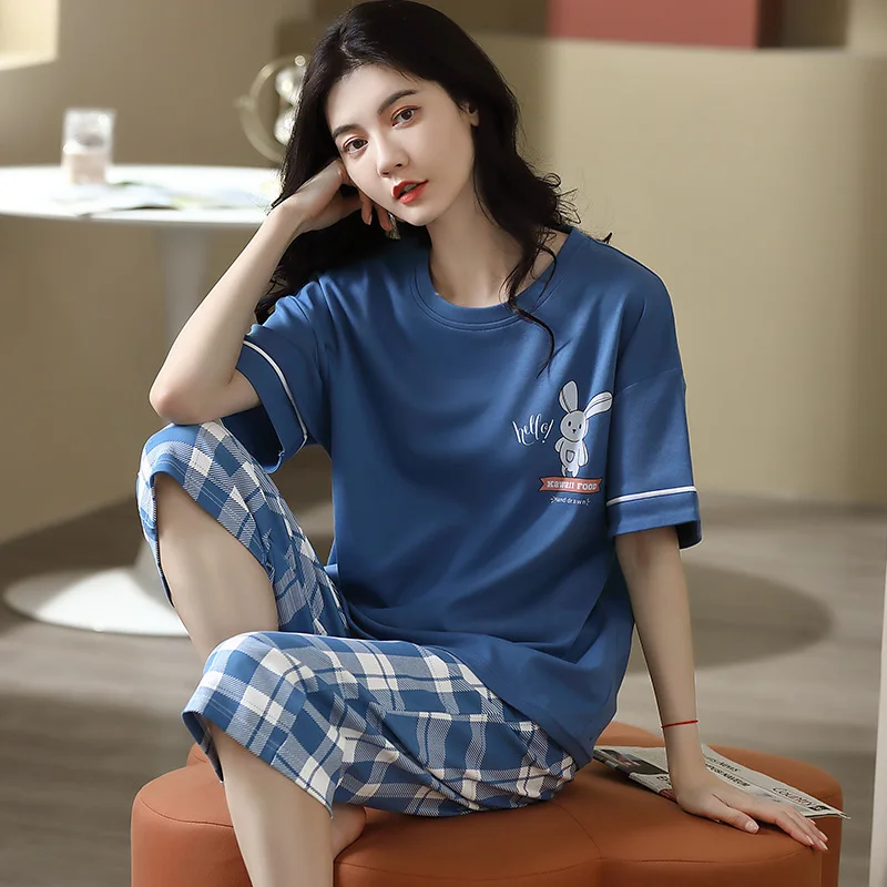 Summer Women's Thin Knitted Cotton Pajamas Short Sleeve Pullover Capris Loose Casual Home Clothing Set Cute Cartoon Sleepwear