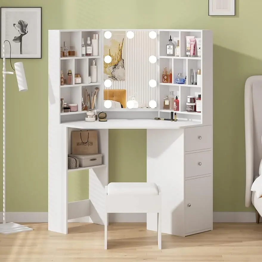 

Fameill Corner Makeup Vanity Desk with Lighted Mirror,White Vanity Set with Lights,Large Dressing Tables with Lots Storage for