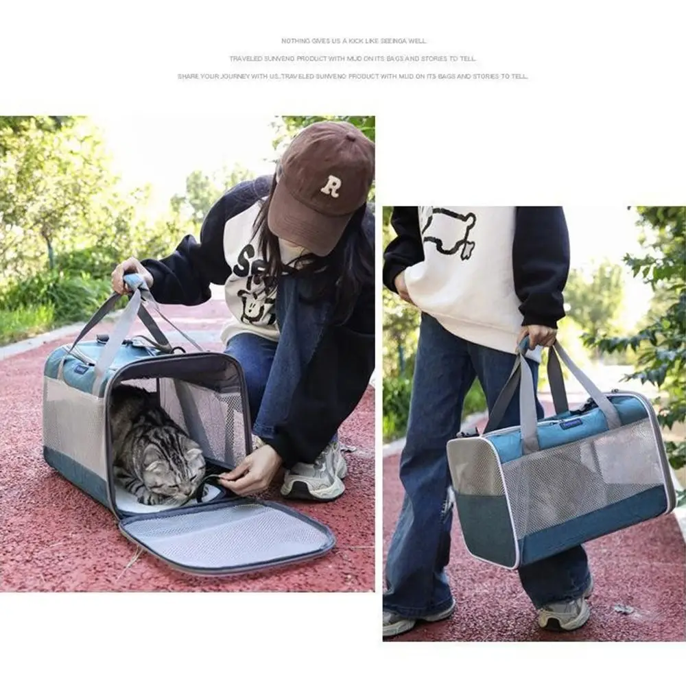 Foldable Mesh Cat Transport Bags Comfortable Handle Up Opening Portable Pet Shoulder Bag Double Zipper Large Capacity