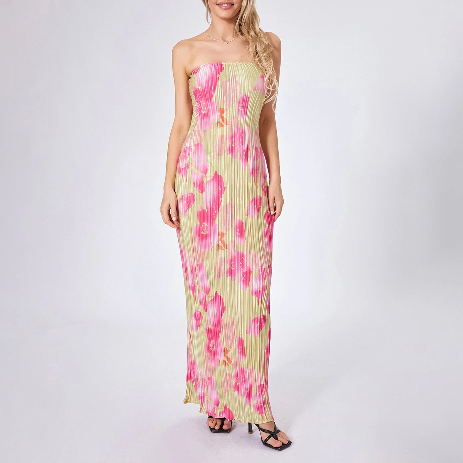 

Women Strapless Floral Bodycon Dress Sexy Sleeveless Tie-Dye Floral Long Dress for Backless Slim Fit Dress Beach Party