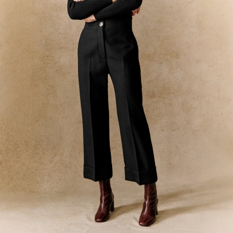 Women 2025 Spring and Summer New High-waisted Versatile Casual Straight-leg Trousers Rolled-up Nine-point Pants