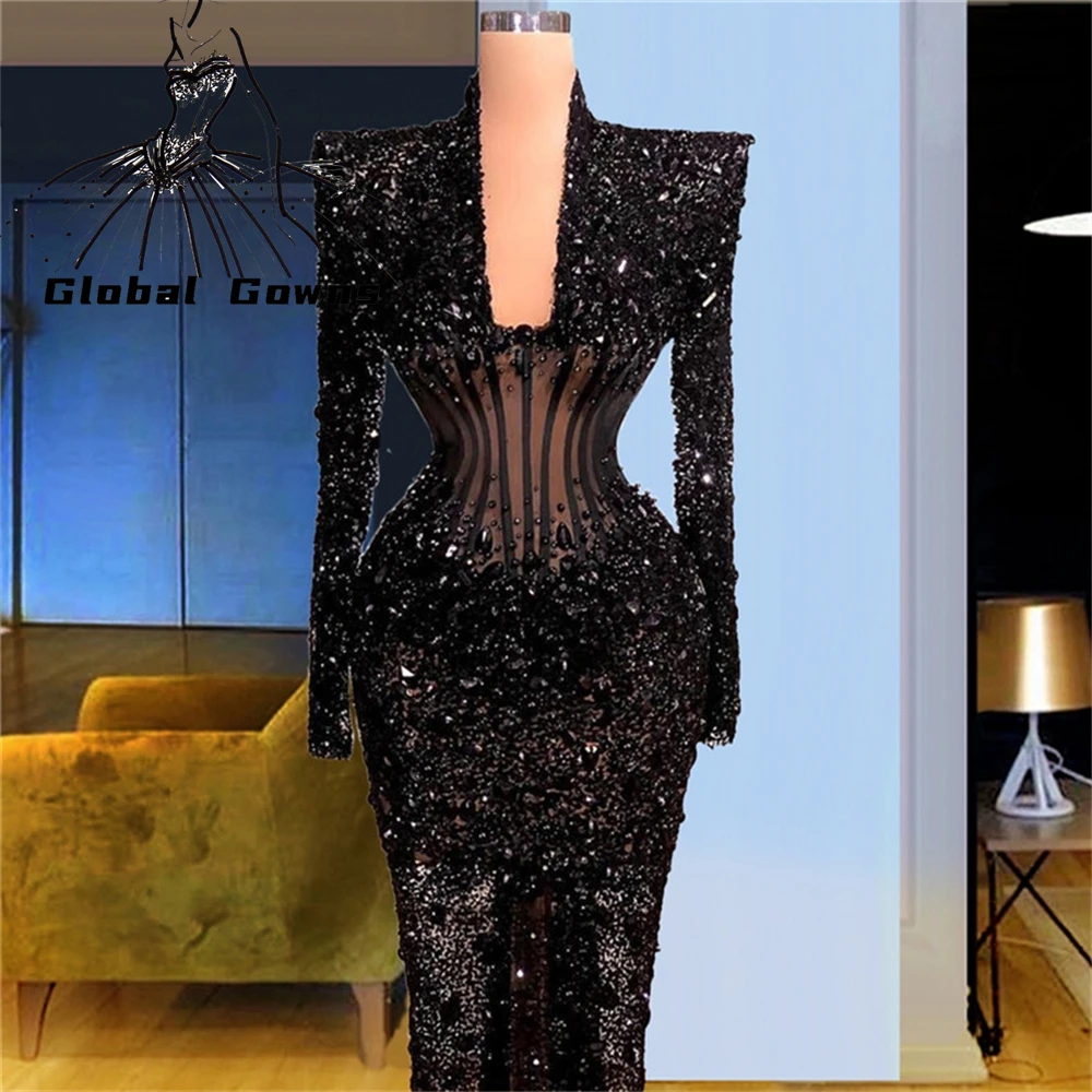 

Luxury Square Neck Evening Dresses For Black Girls 2023 Sequined Formal Dress Full Sleeve Long Prom Gown Mermaid Robe De Bal